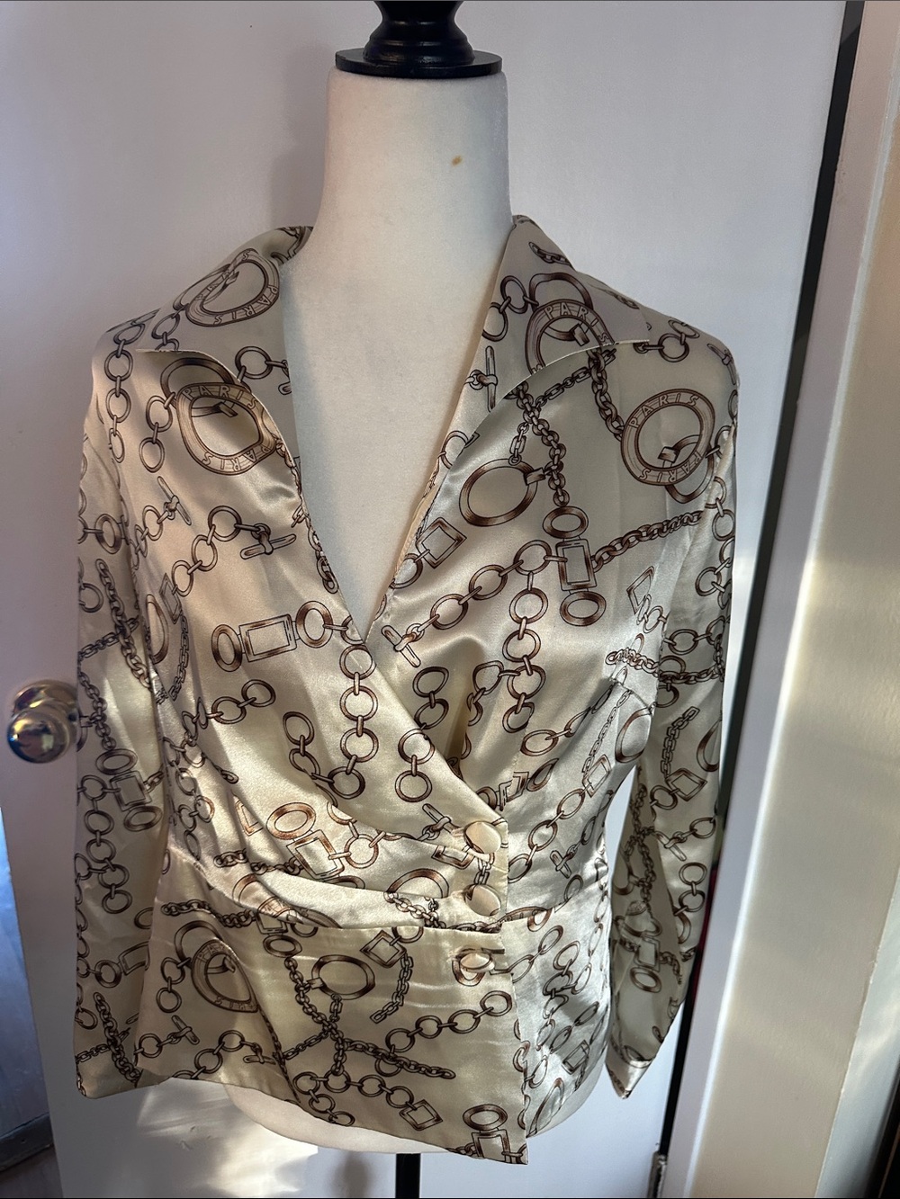 Satin Chain-Print Wrap Dress in Cream